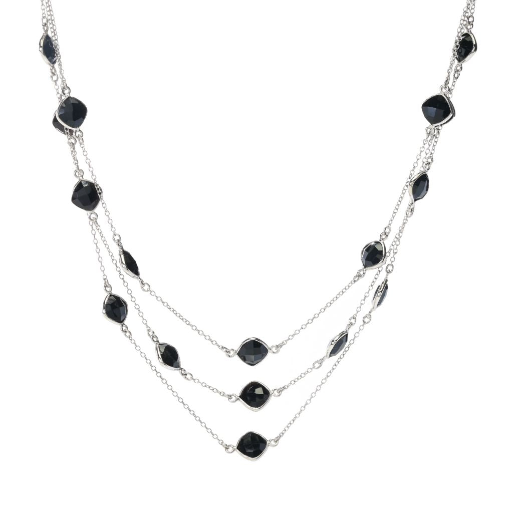 Elemental Gems 7mm Black Onyx Station 3-Row Layered Necklace by Steals