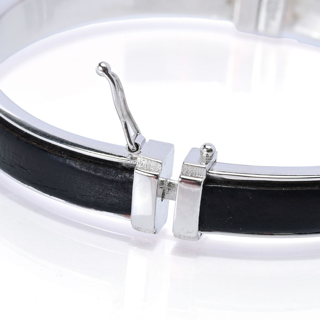 Sorrento Italian Silver Genuine Leather Inset Hinged Bangle Bracelet by Steals