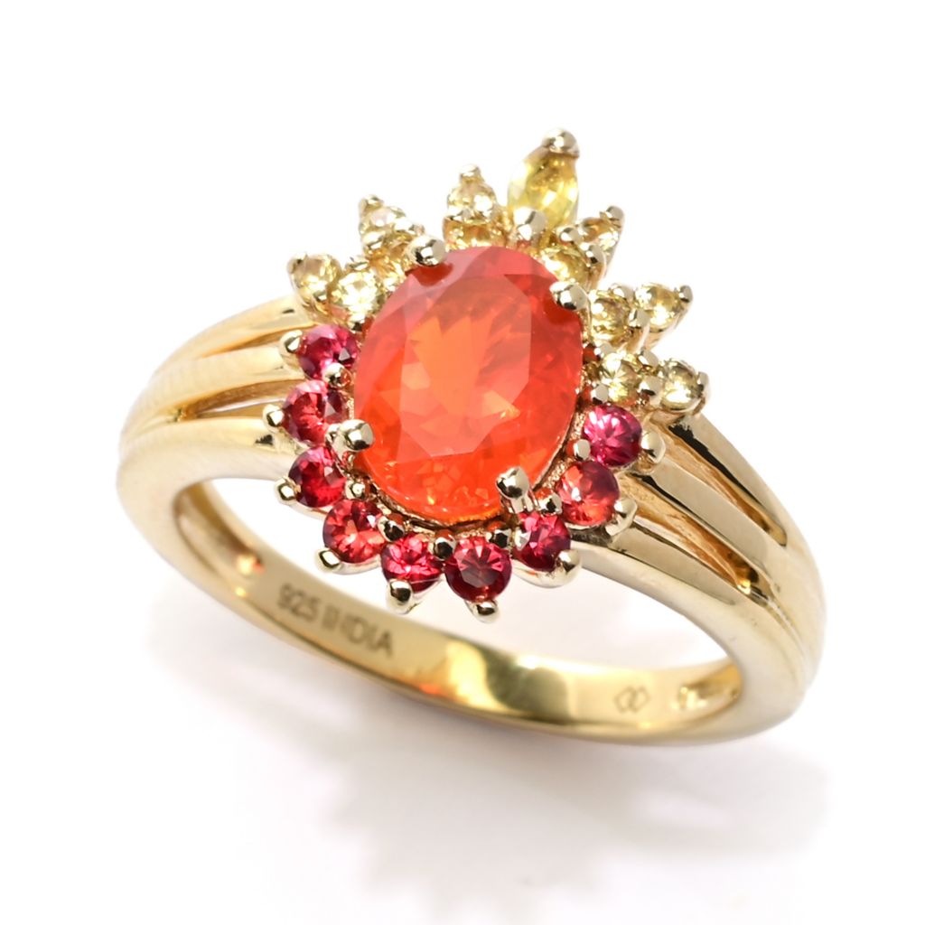 Gem Treasures 18K Vermeil 8x6mm Fire Opal & Multi Sapphire Halo Ring by Steals