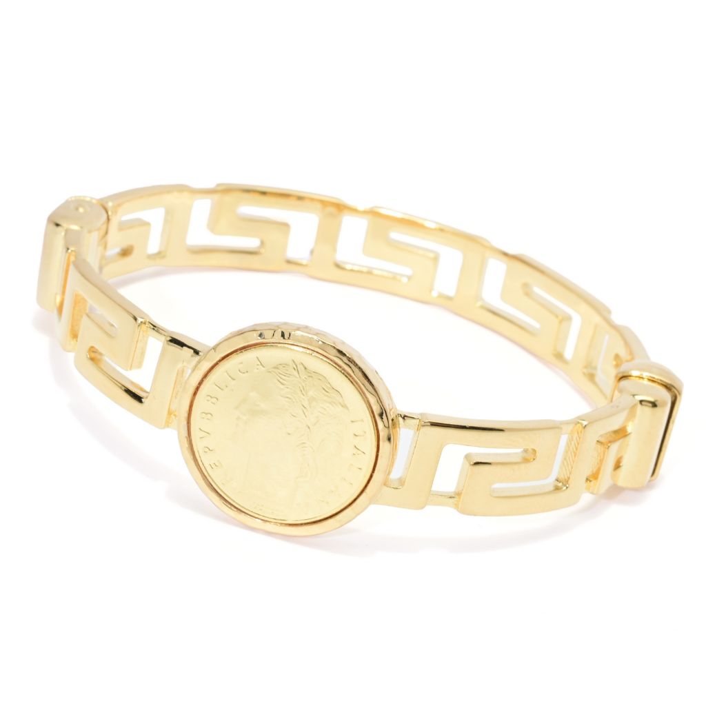 Toscana Italiana 18K Gold Plated Genuine Lira Coin Greek Key Cuff Bracelet by Steals