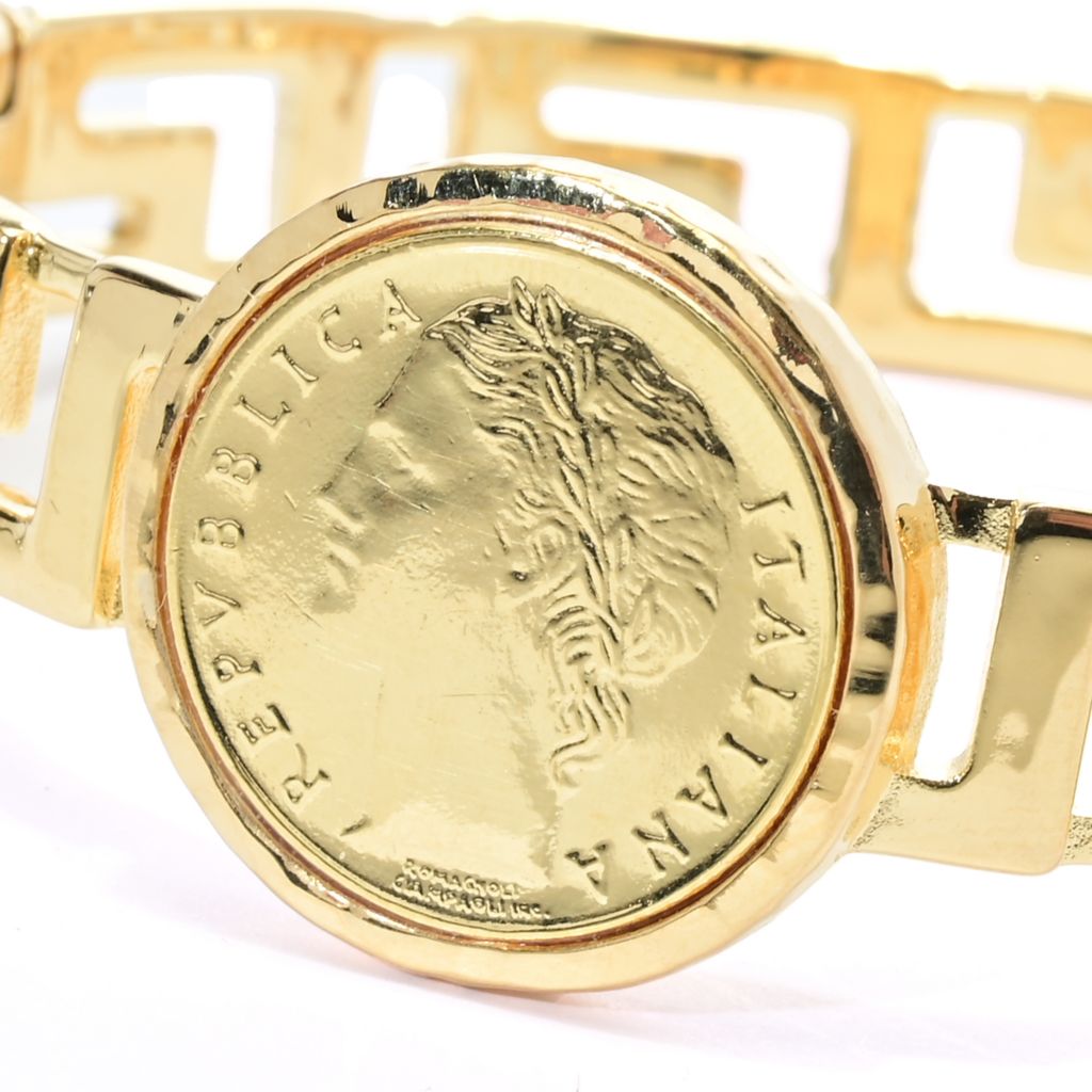 Toscana Italiana 18K Gold Plated Genuine Lira Coin Greek Key Cuff Bracelet by Steals