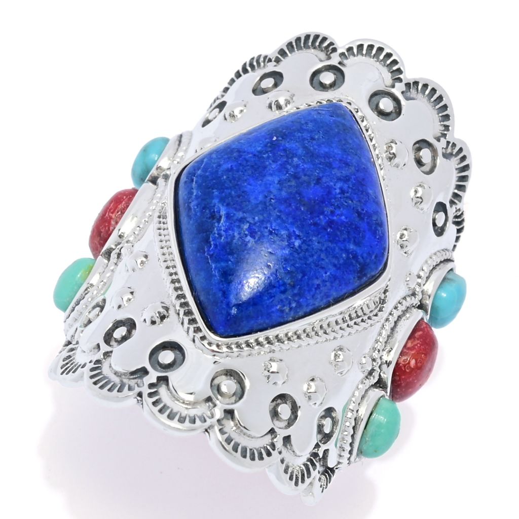 Southwest Elements Lapis, Mohave Kingman Turquoise & Red Coral Ring by Steals