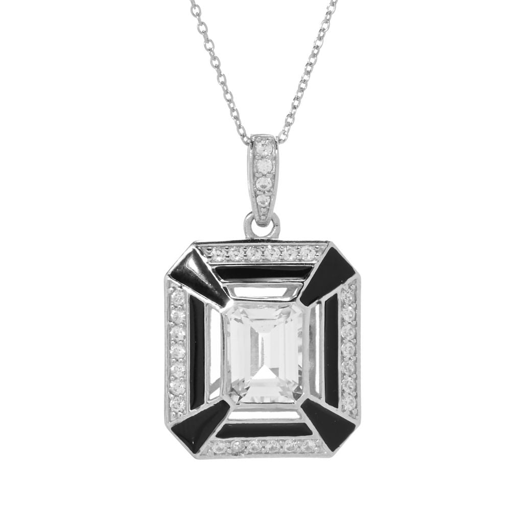 18K Gold Plated 3.64ctw White Topaz, White Zircon & Enamel Art Deco Pendant by Steals
