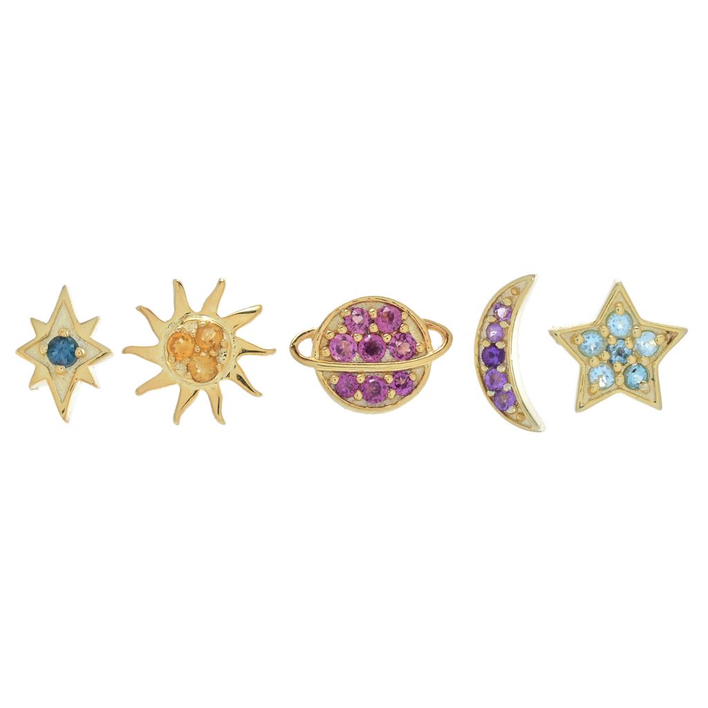 18K Gold Plated Set of 5 Gemstone Celestial Single Stud Earrings by Steals