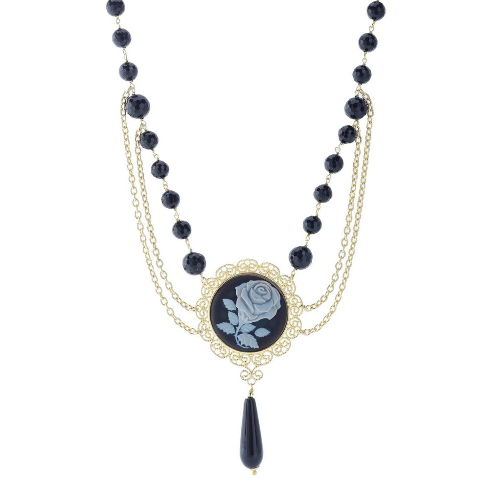 Graziella 23K Gold Plated Carved Rose & Black Onyx Multi Strand Necklace by Steals