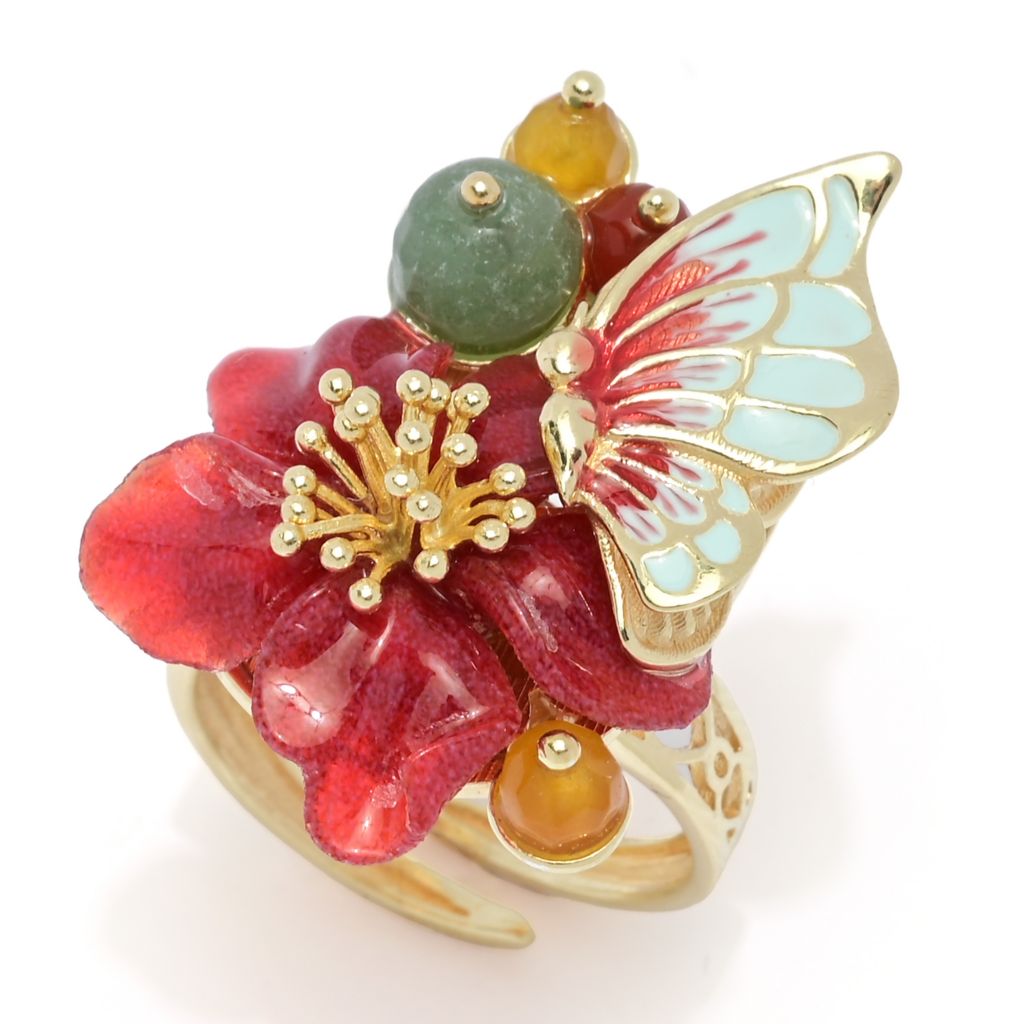 Graziella 23K Gold Plated Carved Resin & Quartz Butterfly & Flower Ring by Steals