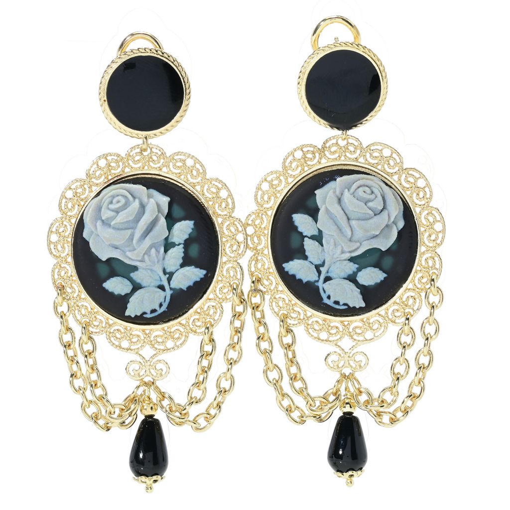 Graziella 23K Gold Plated Carved Rose & Black Onyx Drop Earrings by Steals
