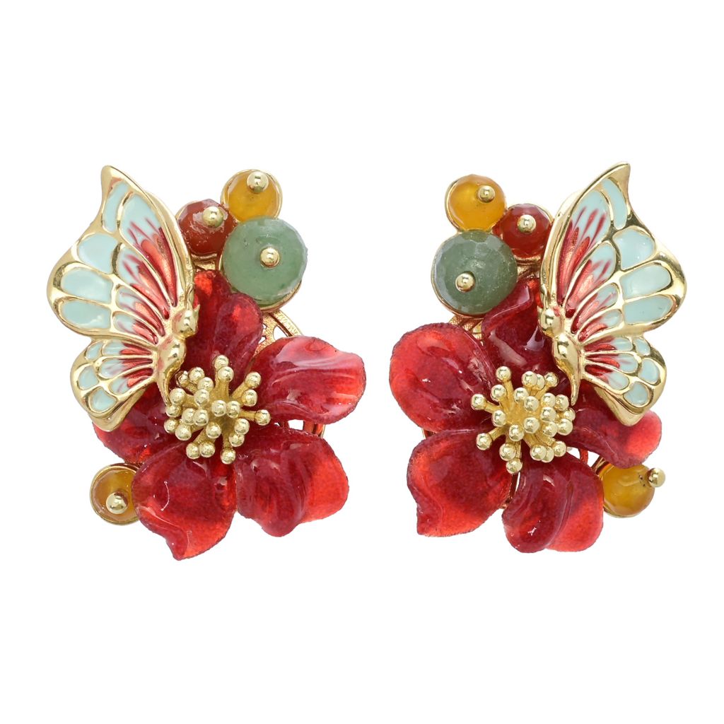 Graziella 23K Gold Plated Carved Resin & Quartz Butterfly & Flower Earrings by Steals