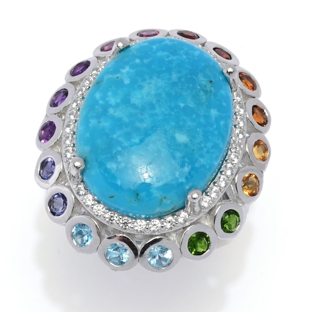 Gem Treasures 20x15mm Kingman Turquoise & Multi Gemstone Halo Ring by Steals