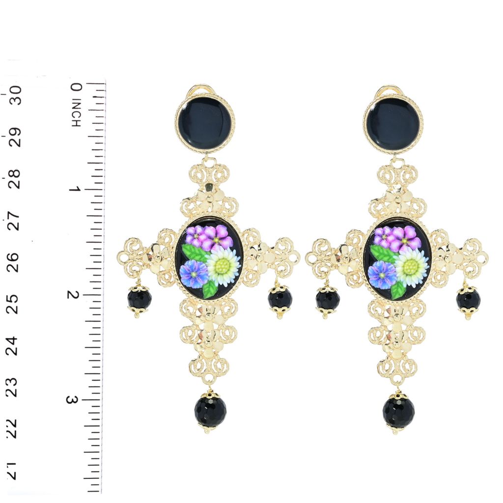Graziella 23K Gold Plated Carved Resin & Black Onyx Cross Earrings by Steals