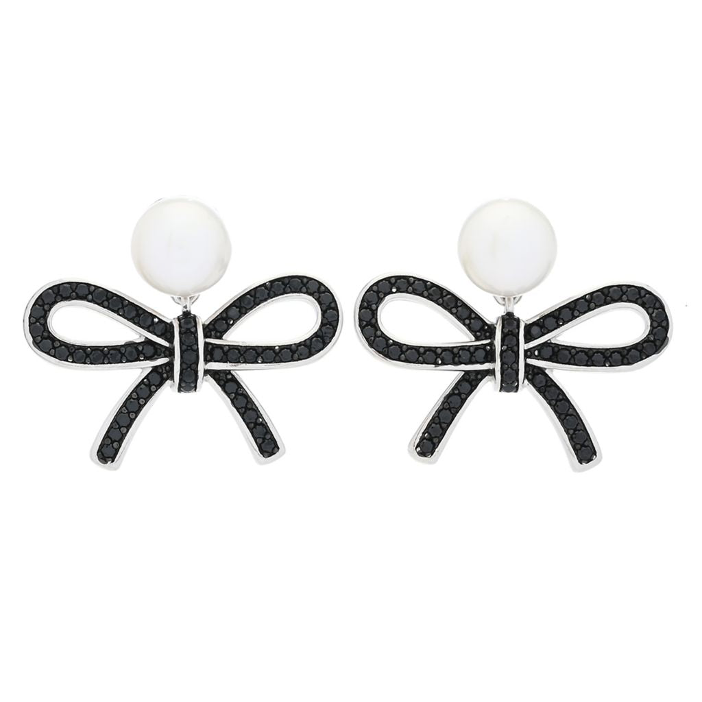 18K Gold Plated "Hollywood" Cultured Pearl & Black Spinel Bow Drop Earrings by Steals