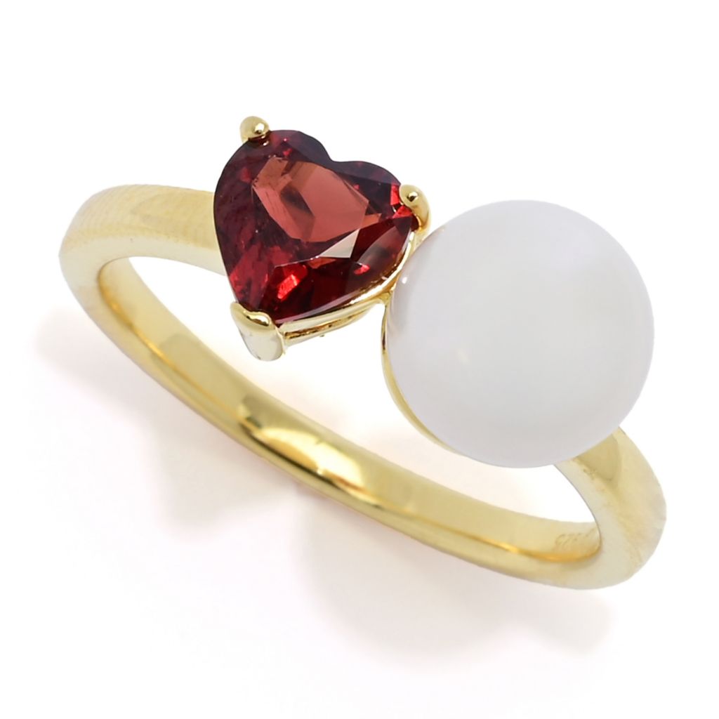 18K Gold Plated "Hollywood" Cultured Pearl & Heart Shape Gem "Toi et Moi" Ring by Steals