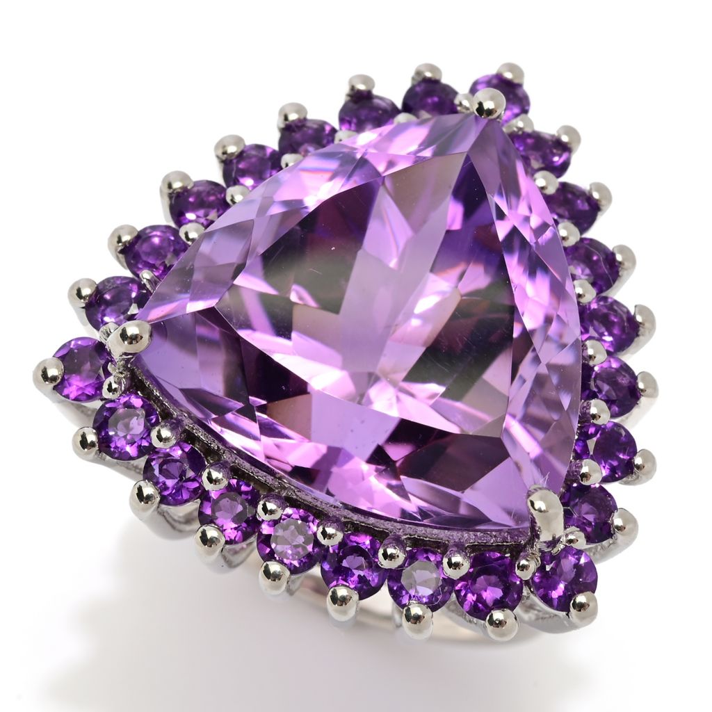 Platinum Plated "Hollywood" 17.92ctw Trillion Shape Brazilian Amethyst Halo Ring by Steals