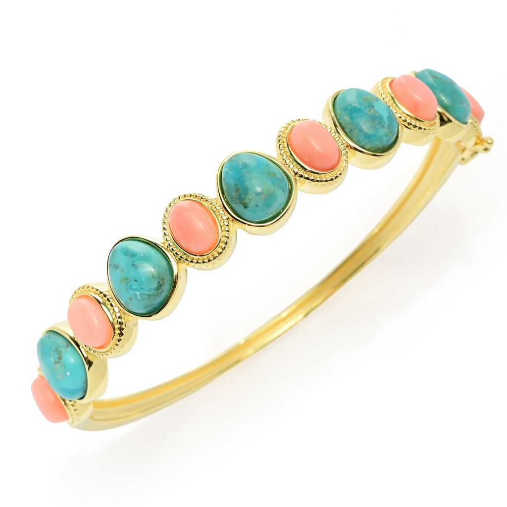 Elemental Gems Salmon Coral & Blue Mohave Turquoise Hinged Bangle Bracelet by Steals