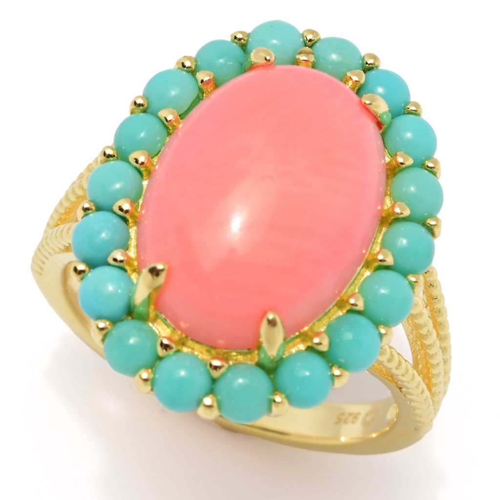 Elemental Gems 18K Gold Plated Salmon Coral & Campitos Turquoise Ring by Steals