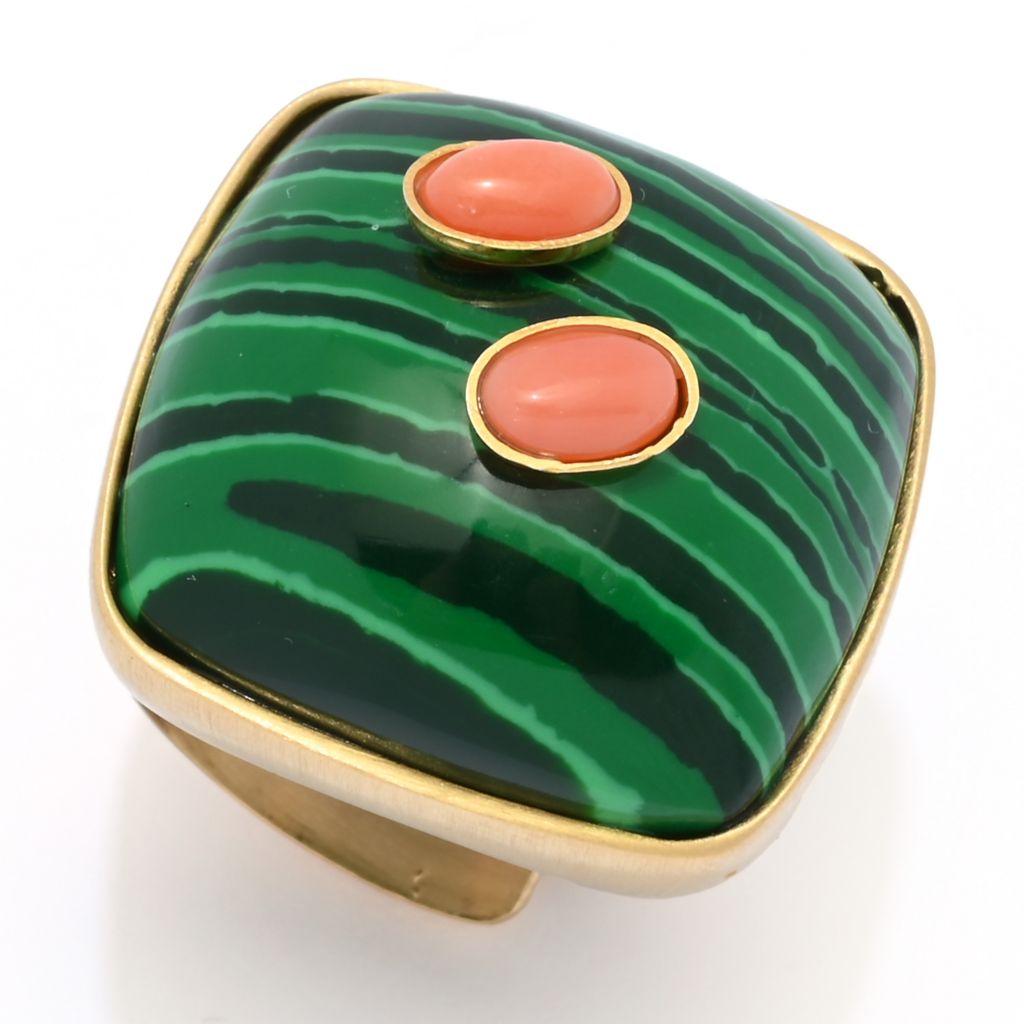 Bello Italiano 18K Gold Plated 23mm Malachite & Rose Coral Statement Ring by Steals
