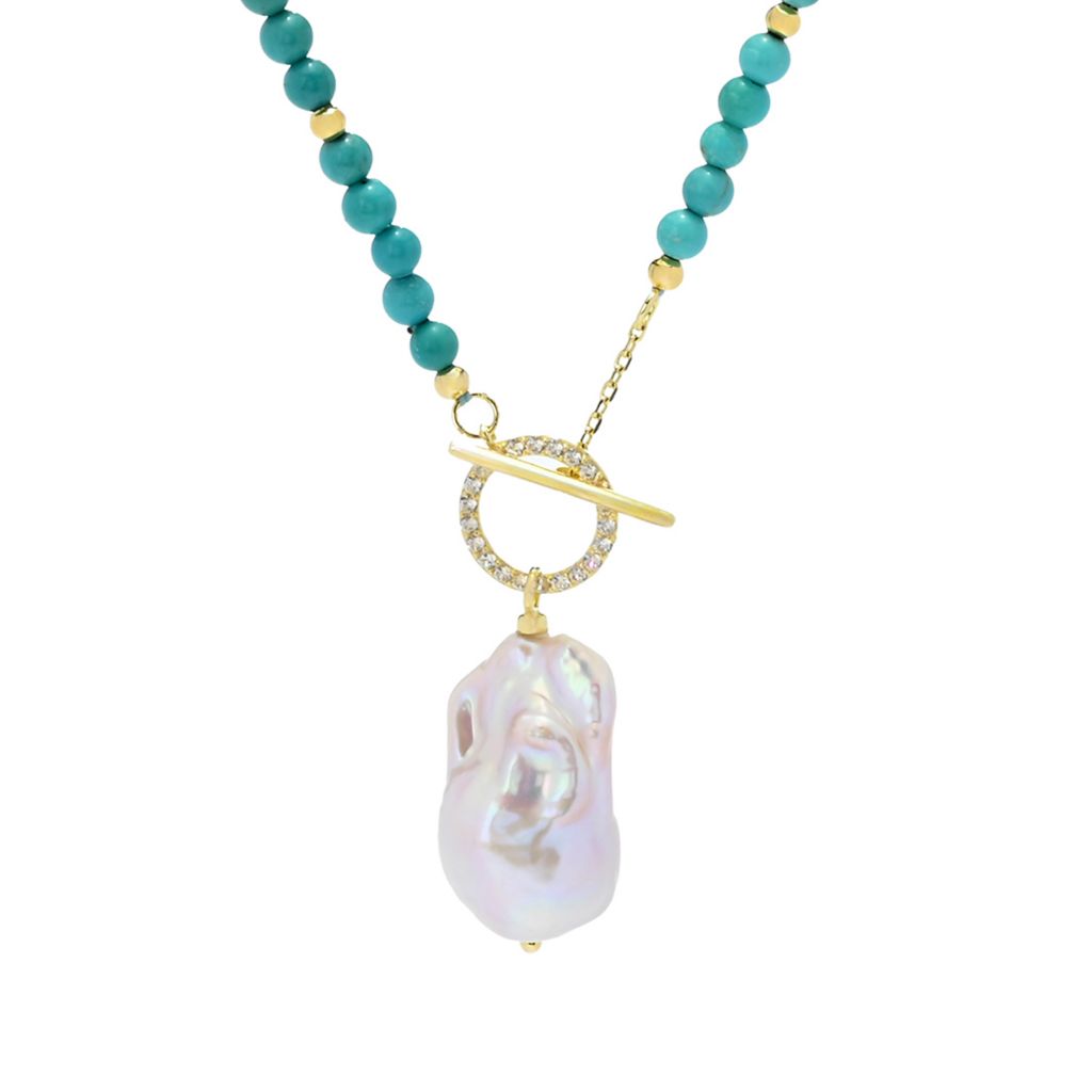 18K Gold Plated 25x15mm Baroque Cultured Pearl, Turquoise & Zircon Necklace by Steals