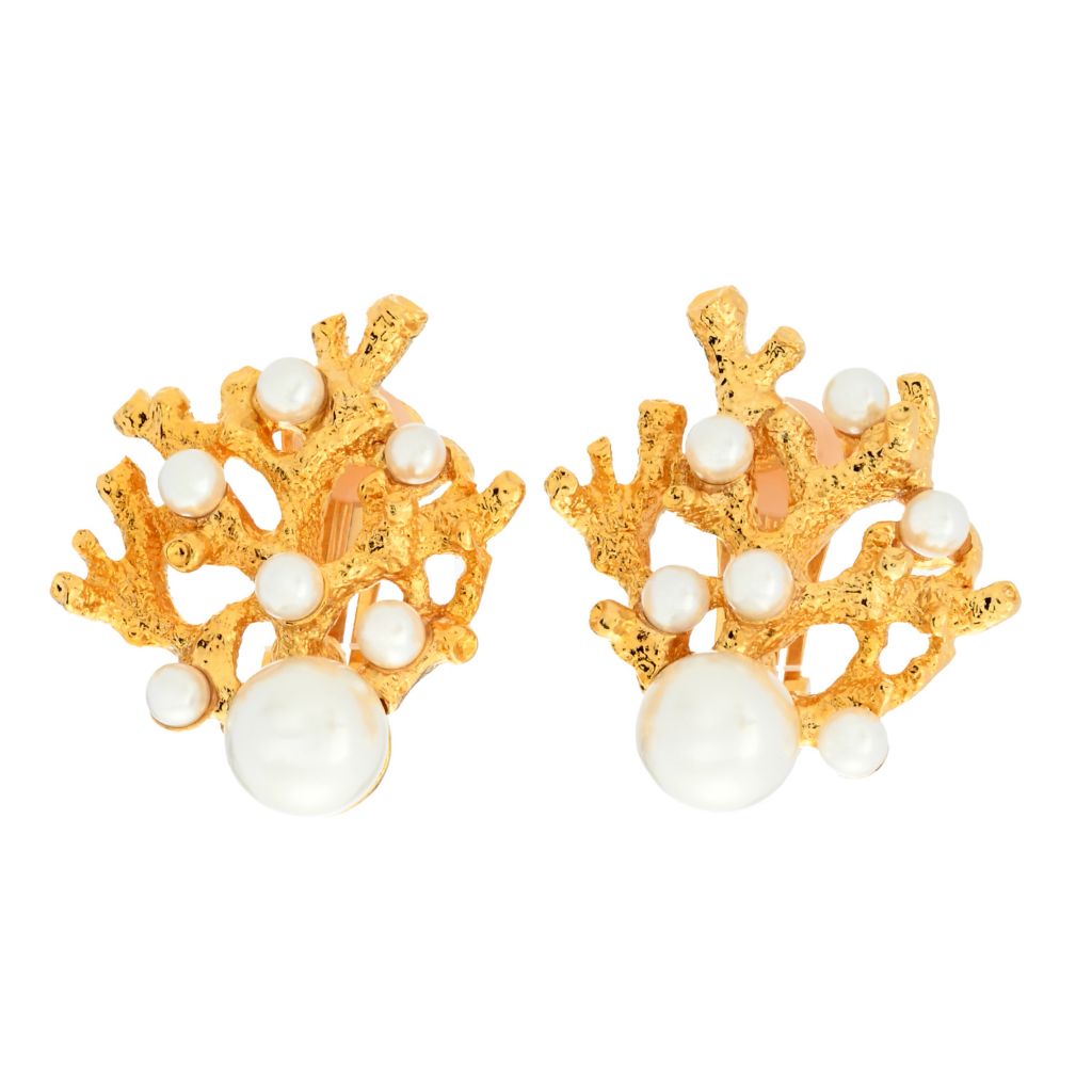 Kenneth Jay Lane 22K Gold Plated Simulated Pearl Coral Reef Clip On Button Earrings by Steals