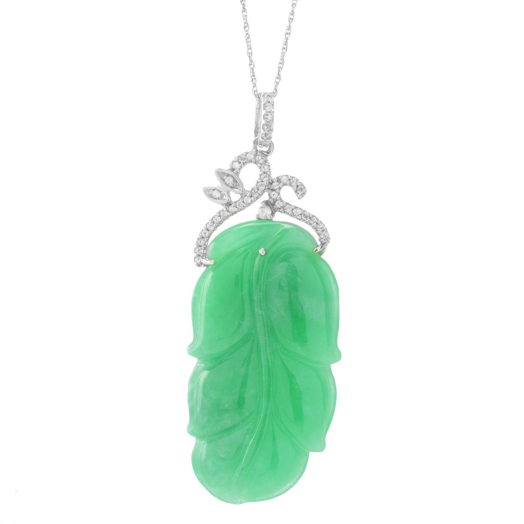 Far East Jewelry 40x21mm Dyed Jade Leaf & White Topaz Pendant w/ Chain by Steals