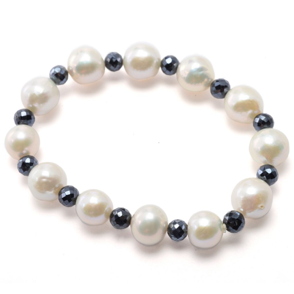 Far East Jewelry Baroque Freshwater Cultured Pearl & Black Spinel Stretch Bracelet by Steals