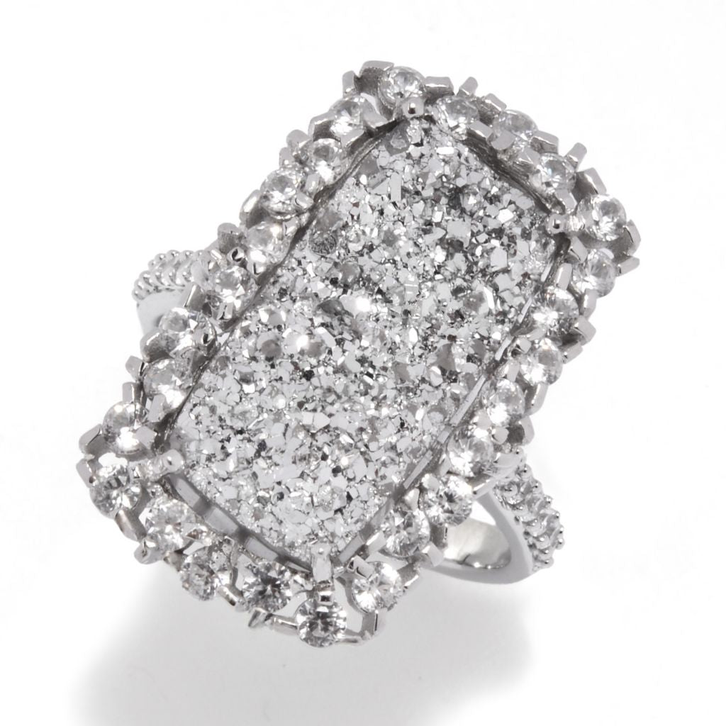 MUSE Sterling Silver 18x9mm Drusy & White Zircon Elongated Ring by Steals