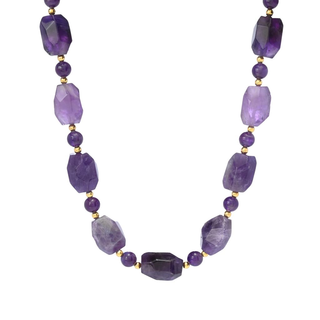 18K Gold Plated 20x15mm Amethyst Nugget & Bead 19.5"+2" Necklace by Steals