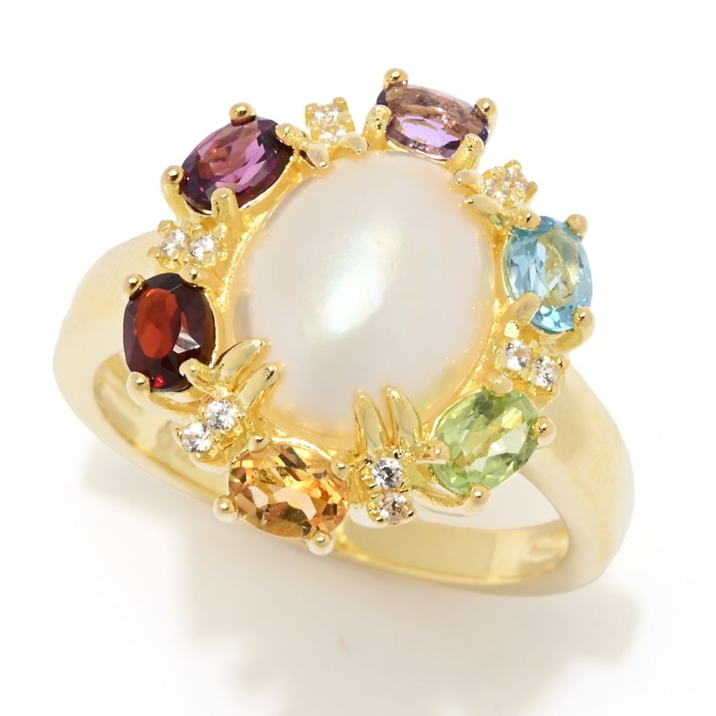 18K Gold Plated 10x8mm Oval Cultured Mabe Pearl & Multi Gemstone Ring by Steals