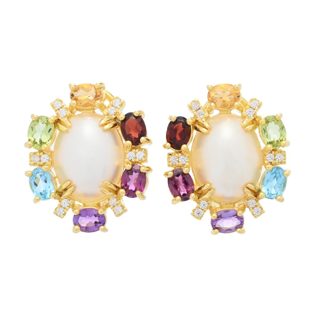 18K Gold Plated 10x8mm Oval Cultured Mabe Pearl & Multi Gem Stud Earrings by Steals