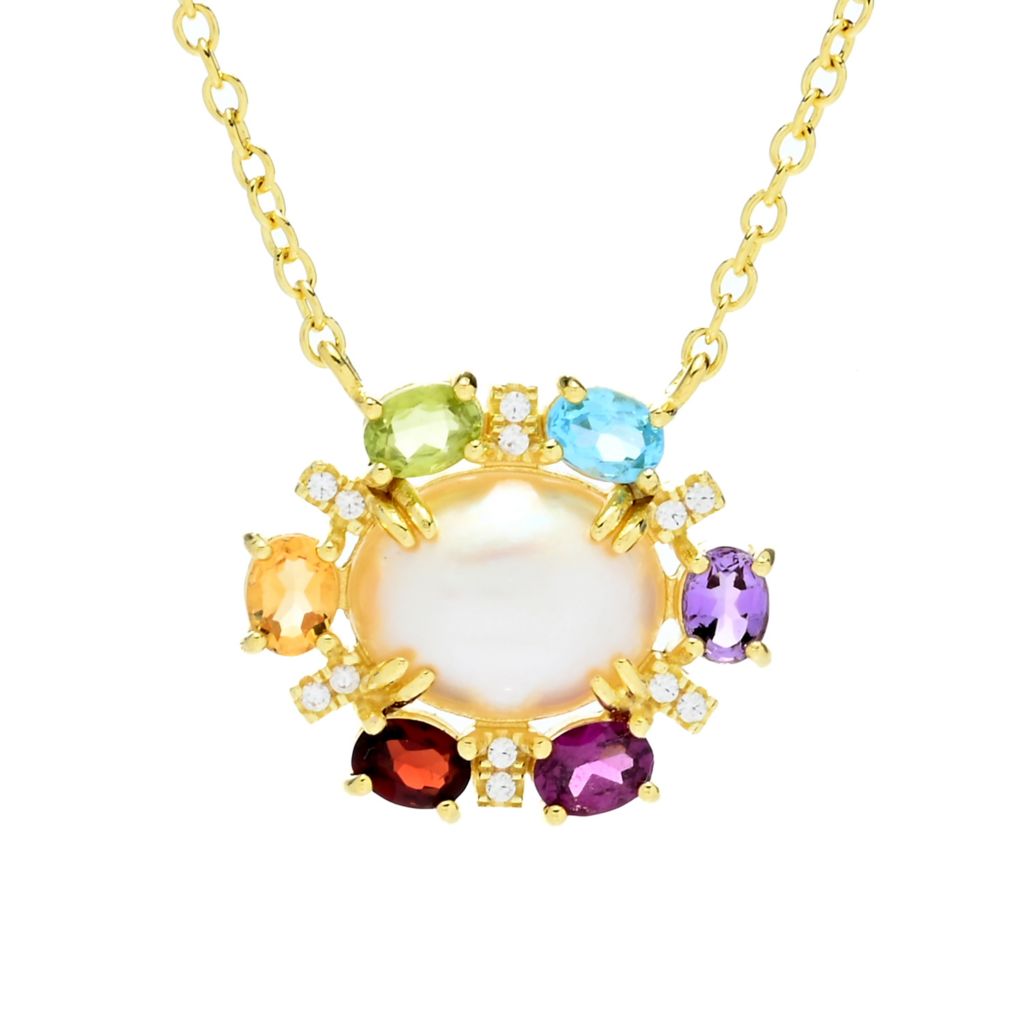 18K Gold Plated 10x8mm Oval Cultured Mabe Pearl & Multi Gem Necklace by Steals