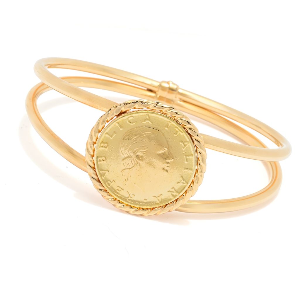 Toscana Italiana 18K Gold Plated Tubing Genuine 200 Lire Coin Bangle Bracelet by Steals