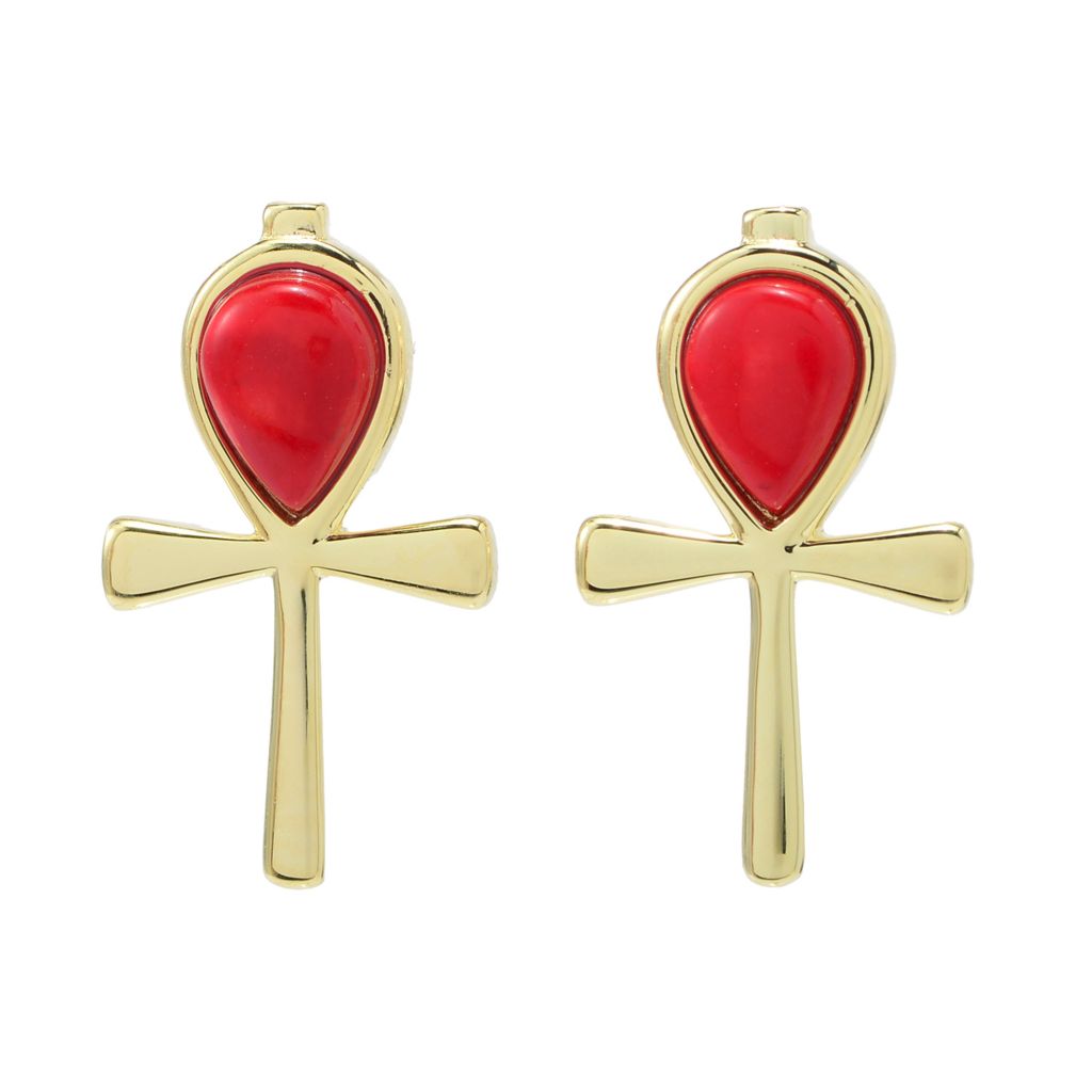 Passport to Egypt 18K Gold Plated 7x5mm Red Coral Ankh Cross Drop Earrings by Steals