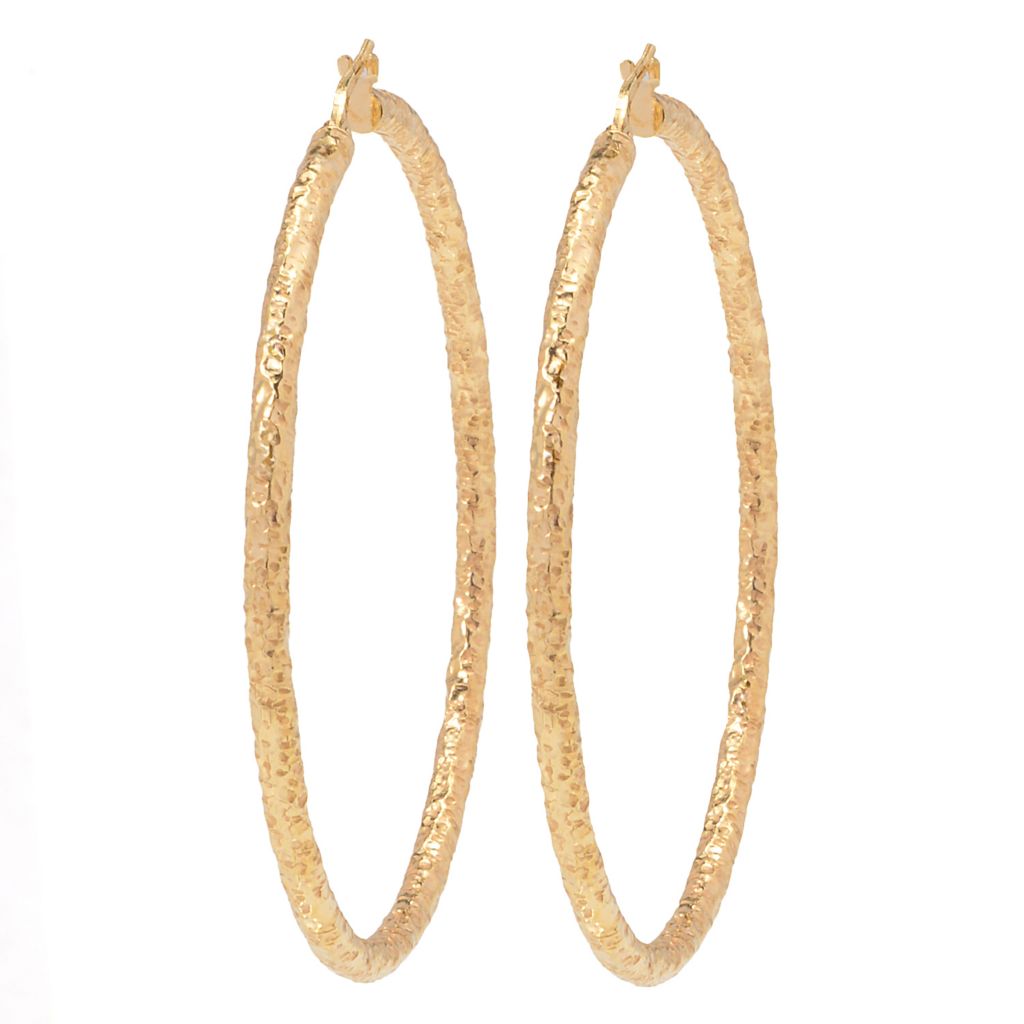 Verona Gioielli 18K Gold Plated Tubing Hammered 2.5" Hoop Earrings by Steals
