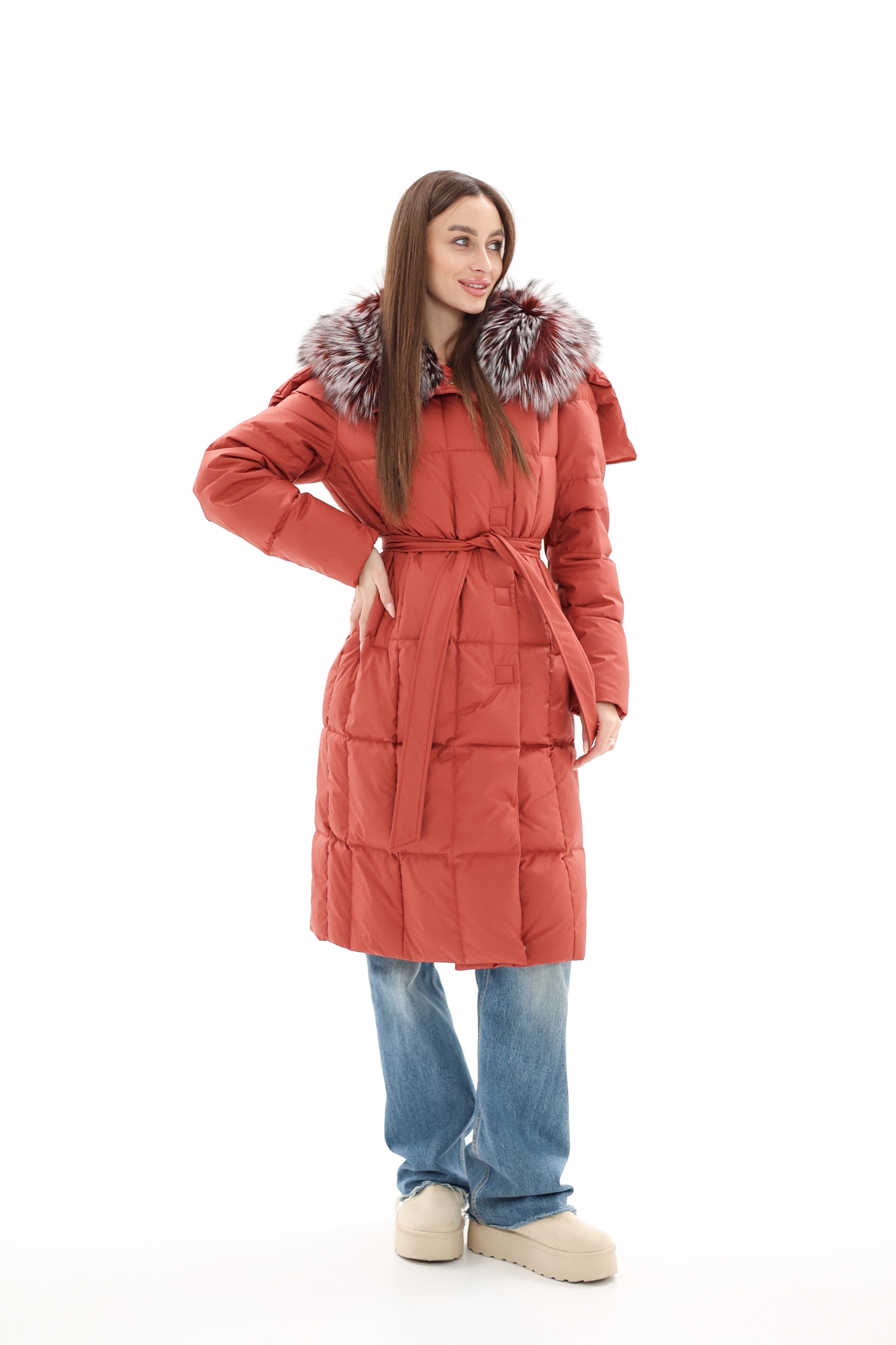 Genuine Silver Fox Fur Trim Down Coat