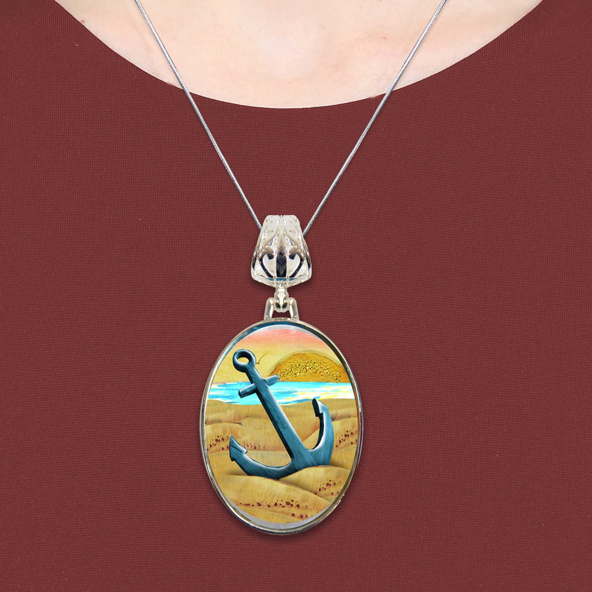 Anchor Silver-Plated Mother of Pearl Jewelry Pendant Necklace - 44056