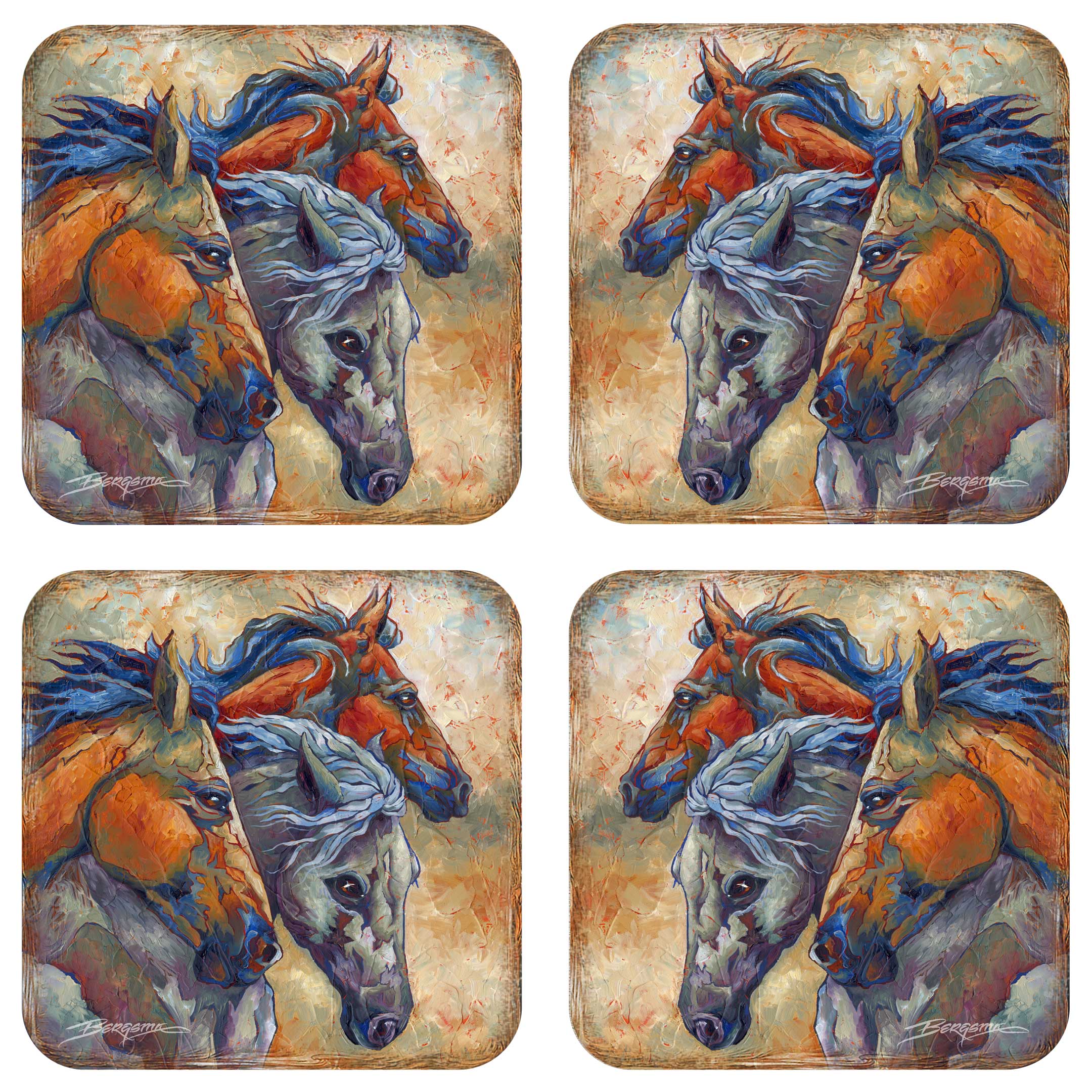 Herd of Horses Wooden Cork Coasters Gift Set of 4 by J. Bergsma - Wildlife Decor - 8199458C-S4