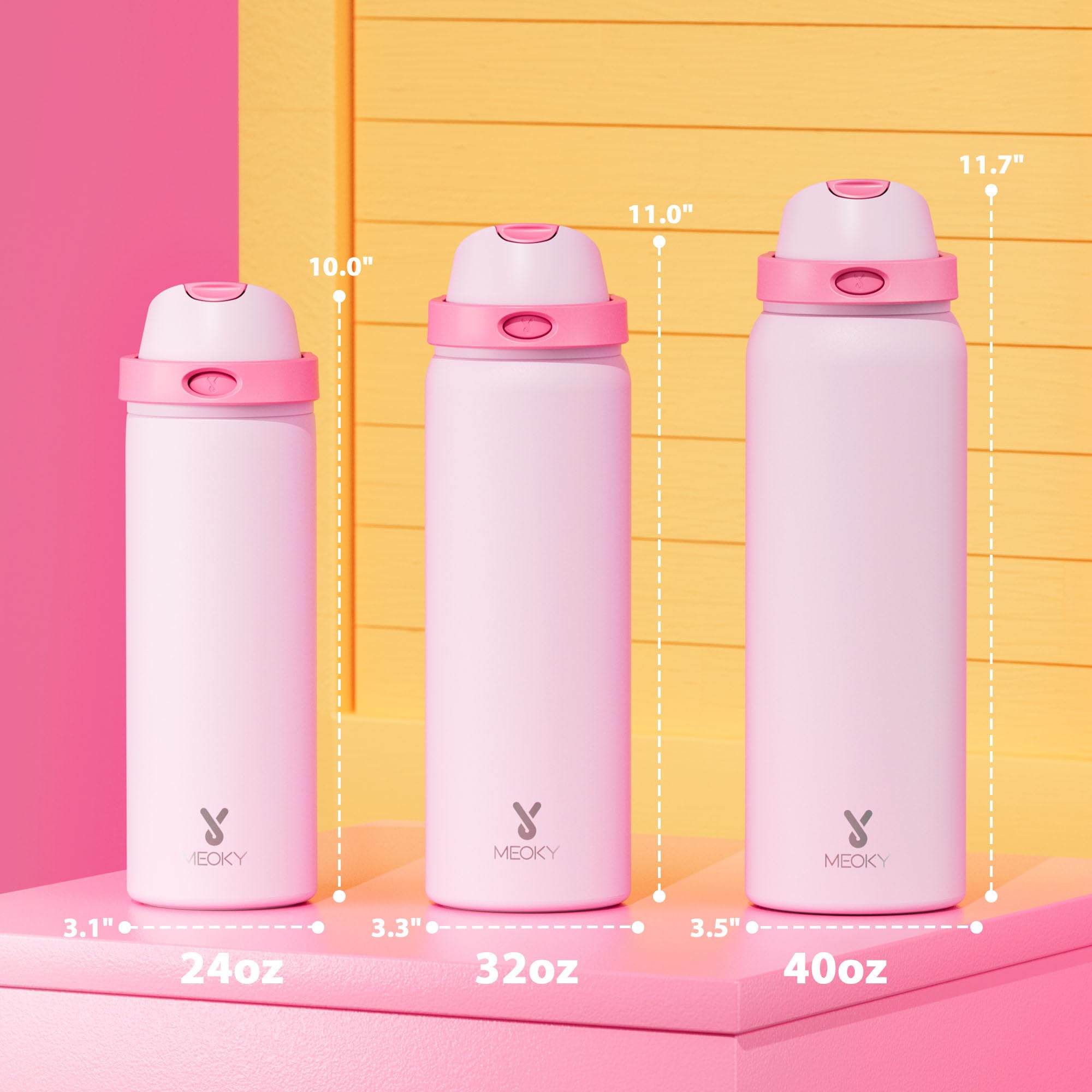 24 oz Insulated Water Bottle with Straw: Meoky Stainless Steel Metal Water Bottle with 2-in-1 Lid - Leak Proof, Cold for 24 Hours, Protective Silicone Base, BPA-Free for Sports Travel Car, Ivory