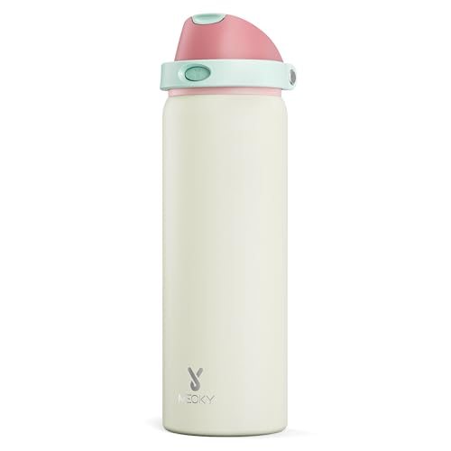 24 oz Insulated Water Bottle with Straw: Meoky Stainless Steel Metal Water Bottle with 2-in-1 Lid - Leak Proof, Cold for 24 Hours, Protective Silicone Base, BPA-Free for Sports Travel Car, Ivory
