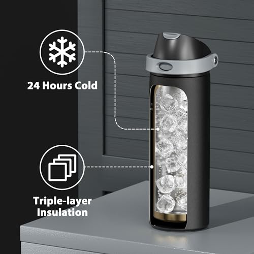 24 oz Insulated Water Bottle with Straw: Meoky Stainless Steel Metal Water Bottle with 2-in-1 Lid - Leak Proof, Cold for 24 Hours, Protective Silicone Base, BPA-Free for Sports Travel Car, Ivory