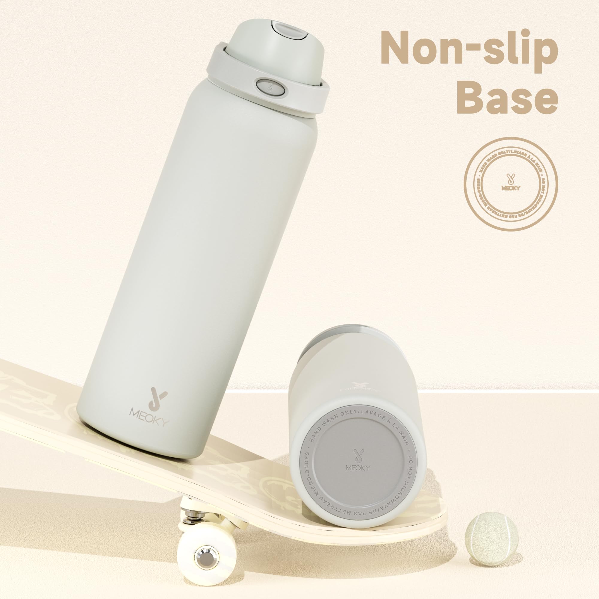 24 oz Insulated Water Bottle with Straw: Meoky Stainless Steel Metal Water Bottle with 2-in-1 Lid - Leak Proof, Cold for 24 Hours, Protective Silicone Base, BPA-Free for Sports Travel Car, Ivory