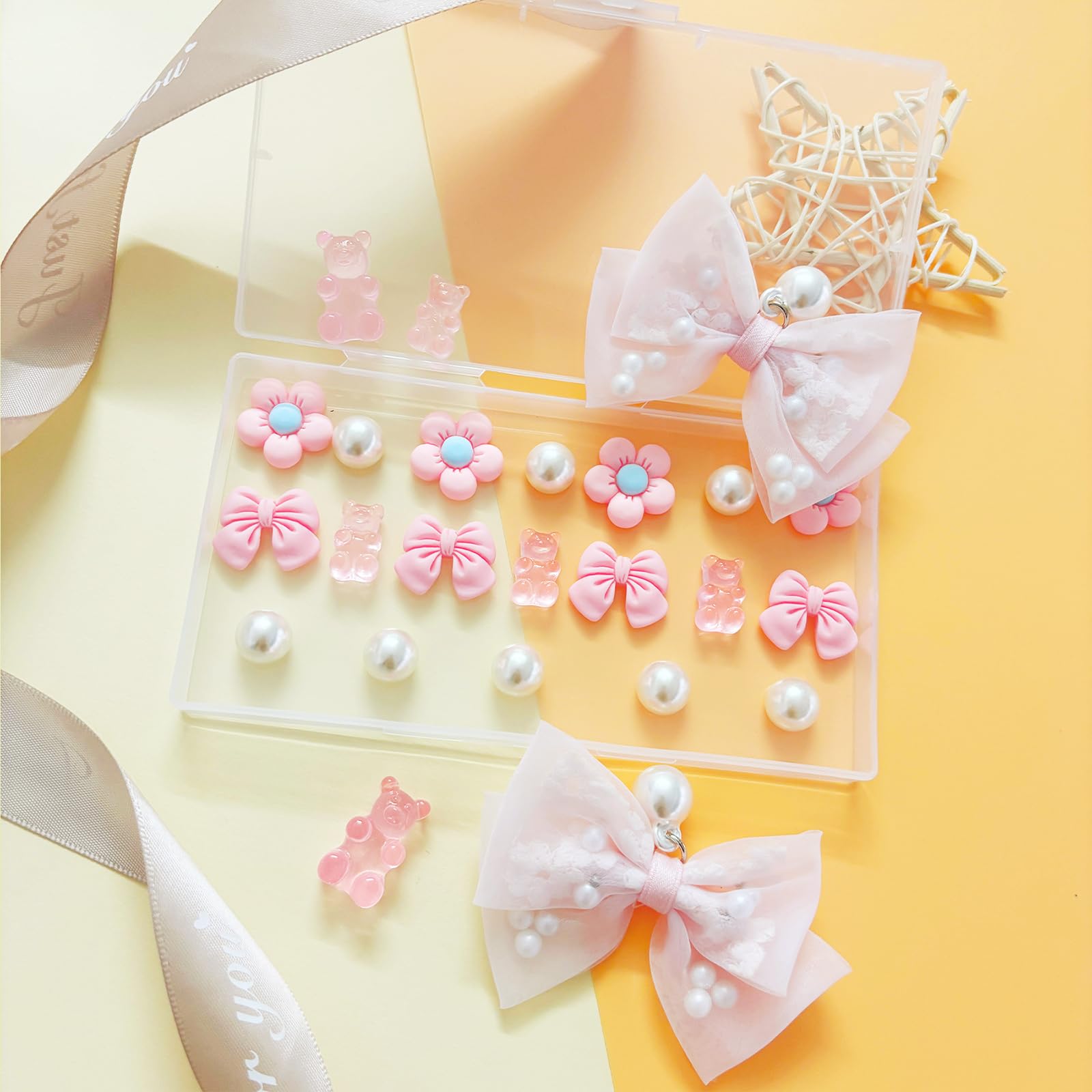 24Pcs Fabric Bow Shoe Charms, Cute Bears, Flower Pearl Charms Accessories for Clogs, DIY Shoe Decoration Charms for Girls, Party Favor