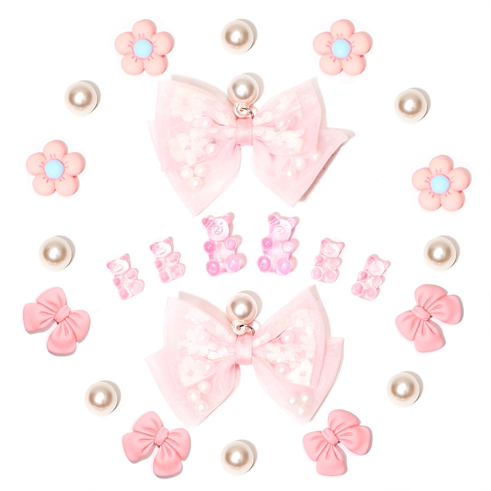 24Pcs Fabric Bow Shoe Charms, Cute Bears, Flower Pearl Charms Accessories for Clogs, DIY Shoe Decoration Charms for Girls, Party Favor