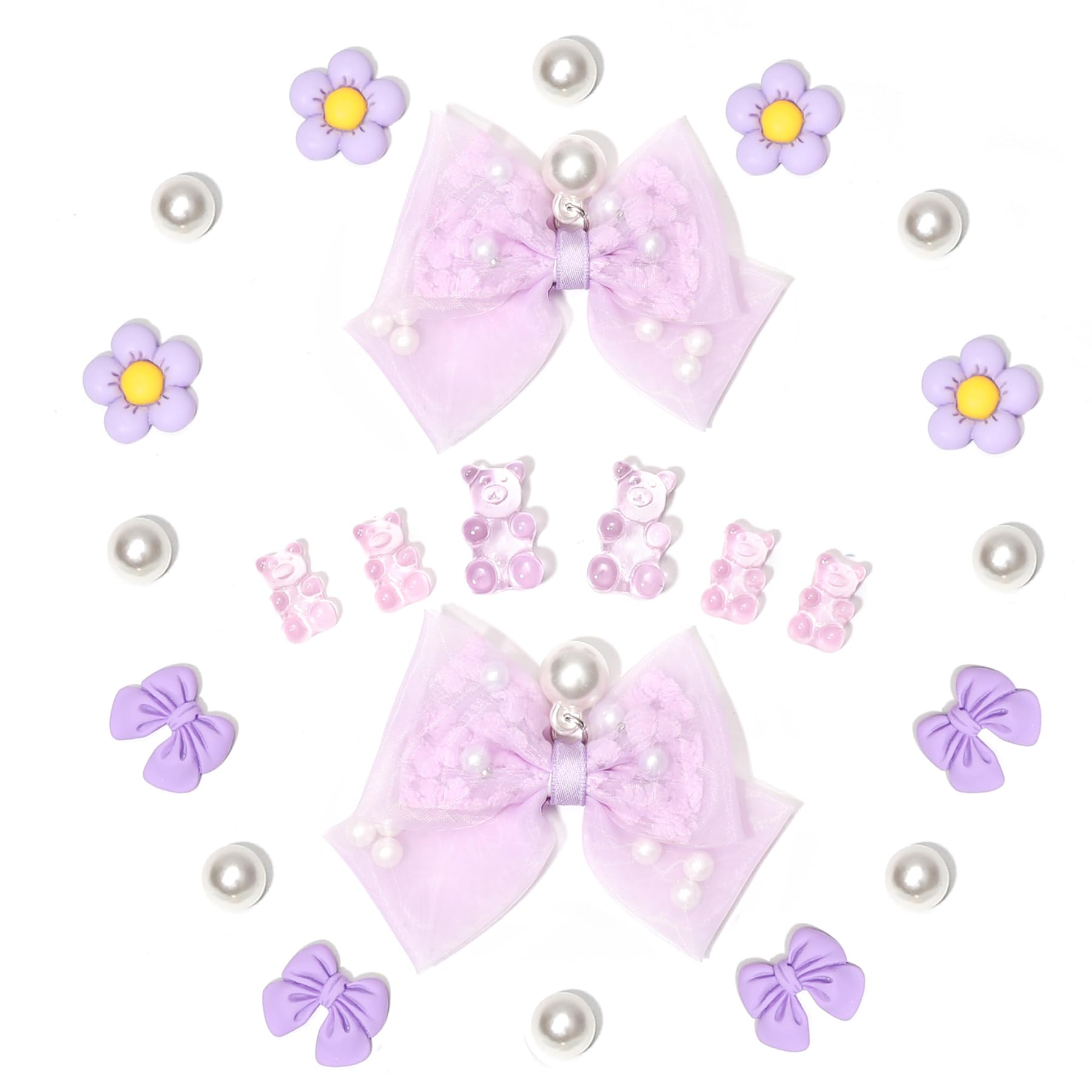 24Pcs Fabric Bow Shoe Charms, Cute Bears, Flower Pearl Charms Accessories for Clogs, DIY Shoe Decoration Charms for Girls, Party Favor