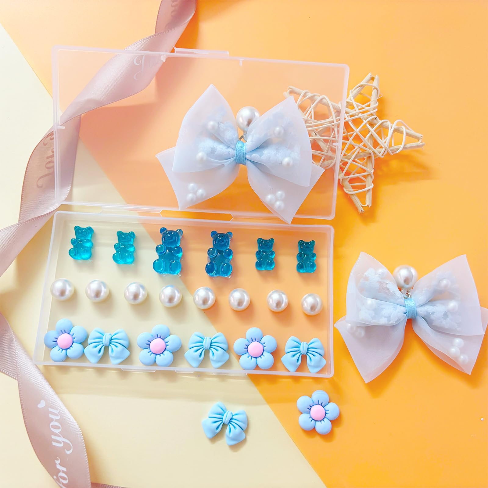 24Pcs Fabric Bow Shoe Charms, Cute Bears, Flower Pearl Charms Accessories for Clogs, DIY Shoe Decoration Charms for Girls, Party Favor