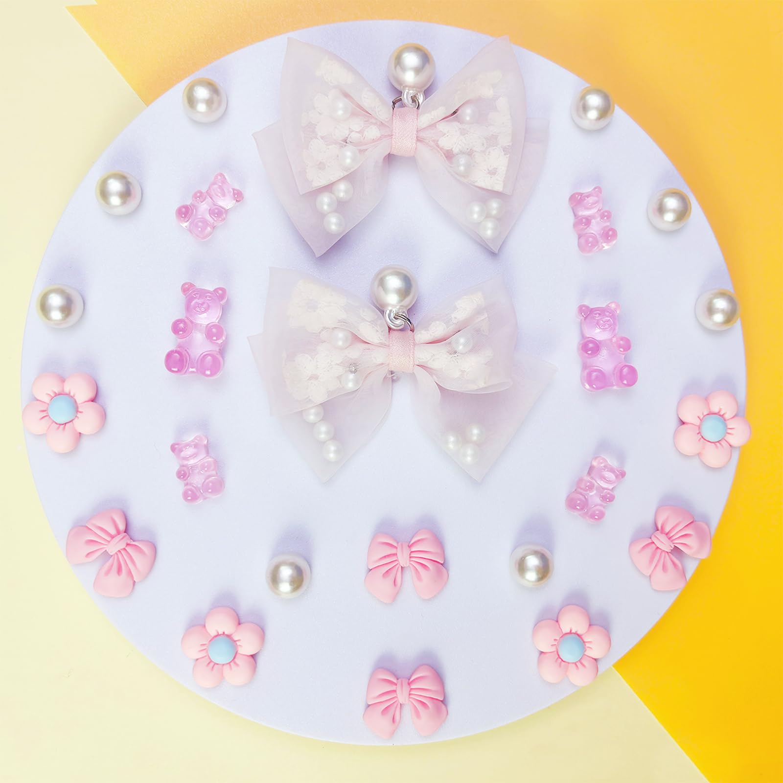 24Pcs Fabric Bow Shoe Charms, Cute Bears, Flower Pearl Charms Accessories for Clogs, DIY Shoe Decoration Charms for Girls, Party Favor