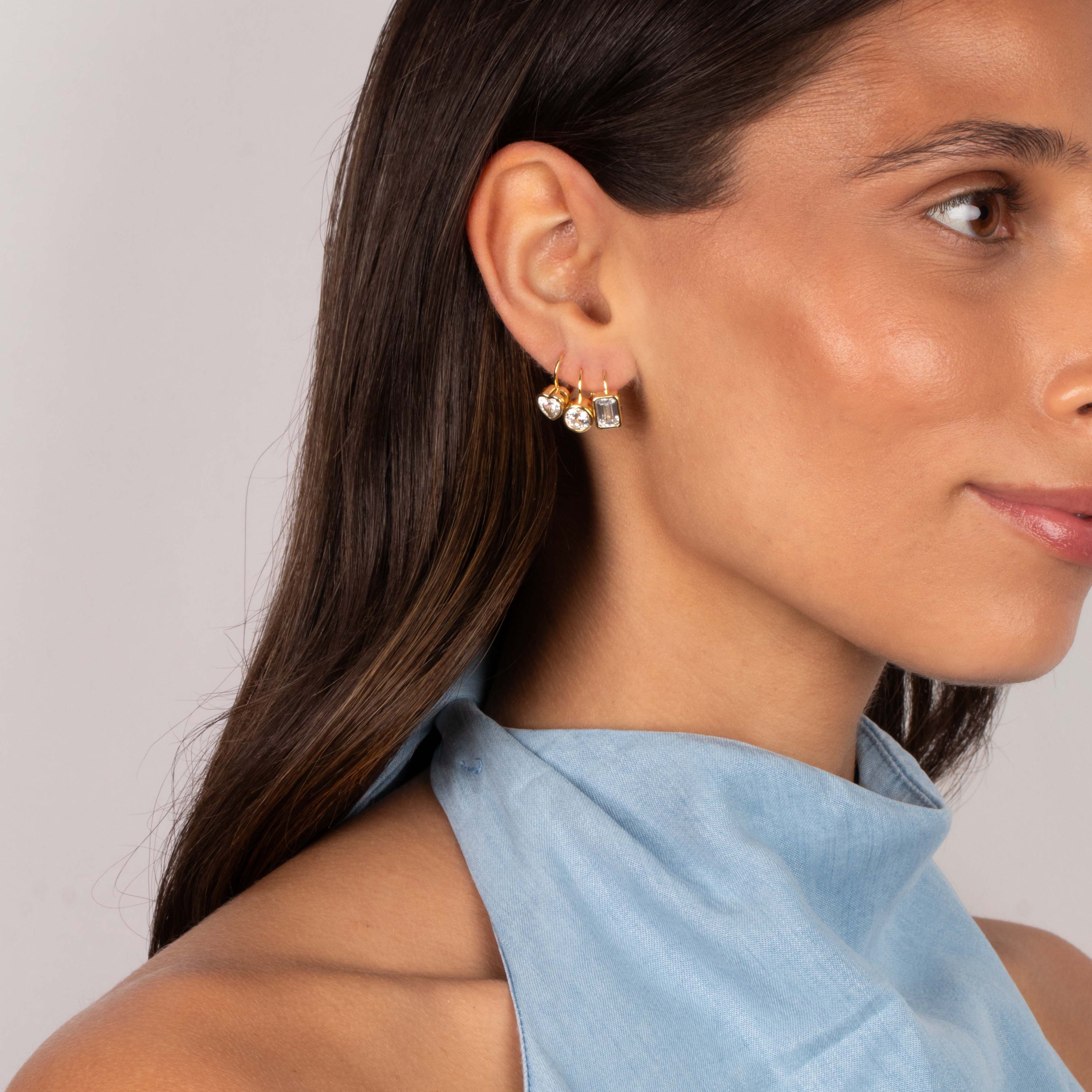 CZ Bezel Round Baguette Huggie Earring