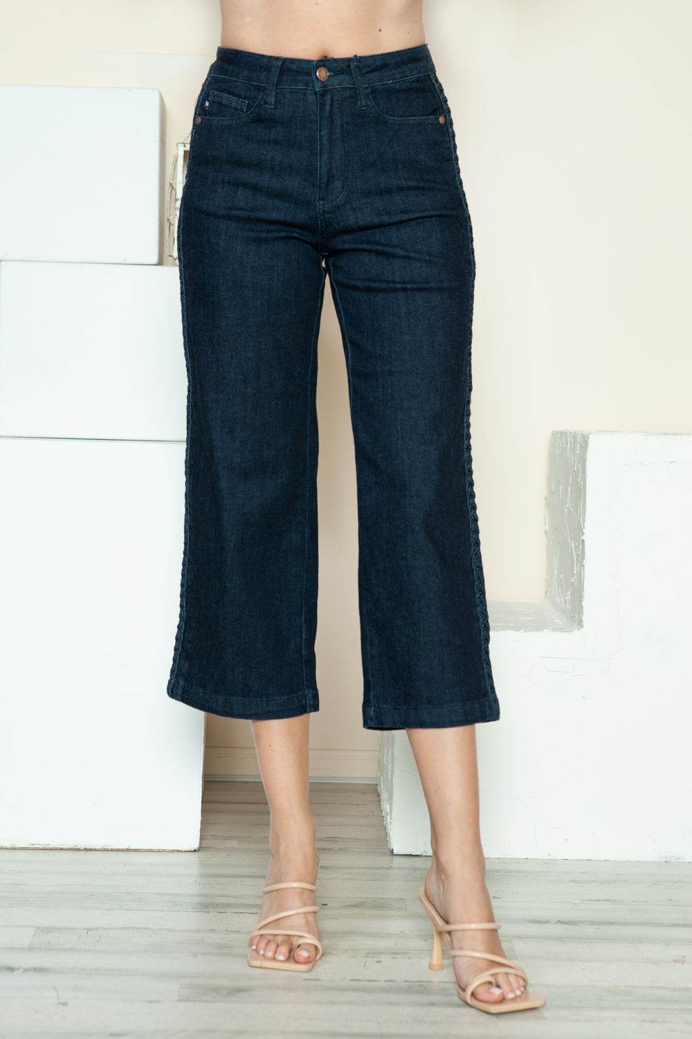 Judy Blue Full Size Side Seam Braid Detail Crop Wide Leg Women Jeans