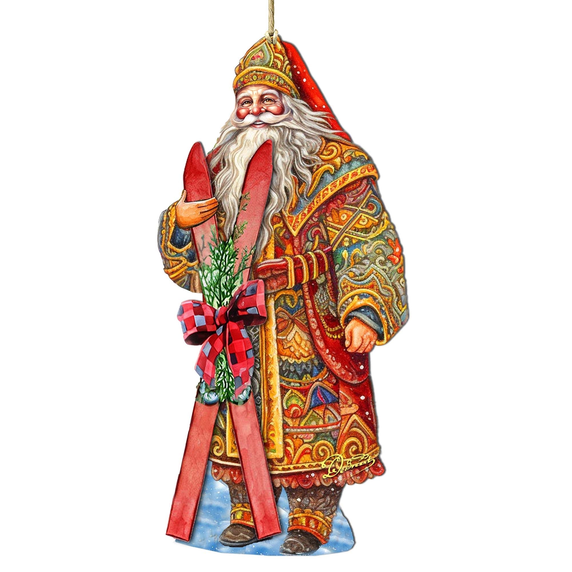 Santa's Skiing Adventure Wooden Ornaments by G. Debrekht - Christmas Santa Snowman Decor - 8691403