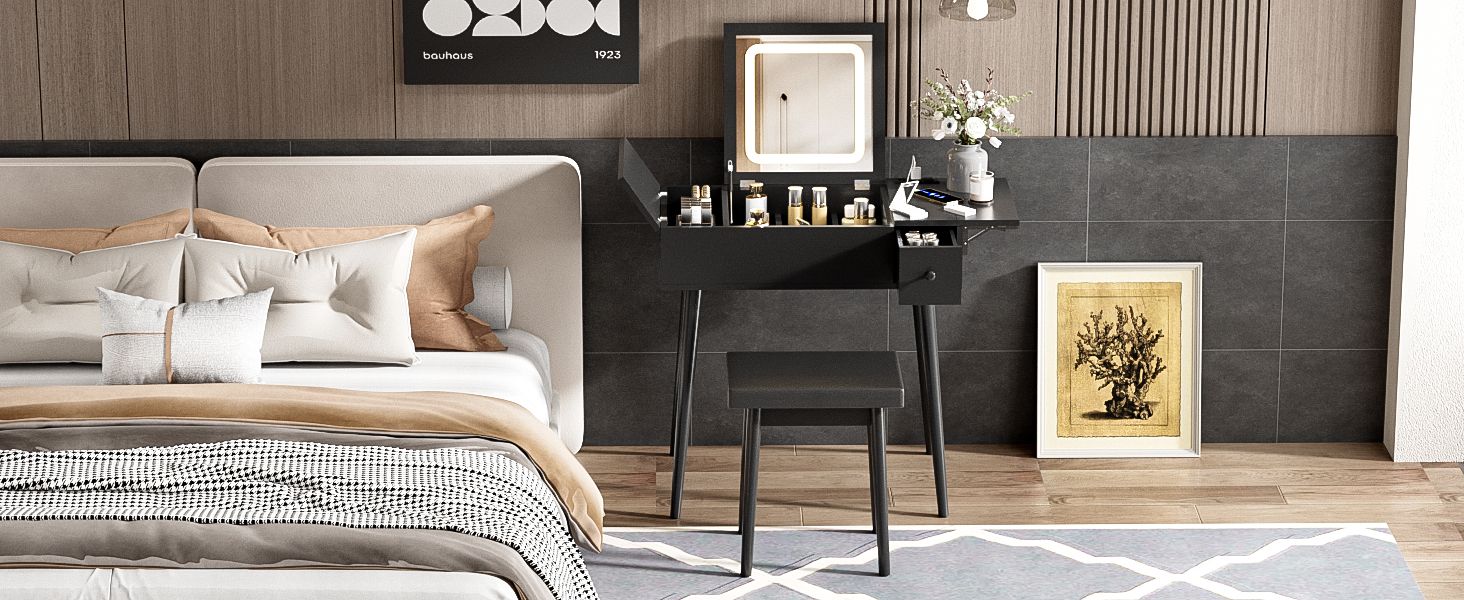 27.9" Black Makeup Vanity Desk with Flip Top Mirror and LED Light, Dressing Table with Charging Station, 2 Drawers and Fold-up Panel, Vanity Set with Cushioned Stool for Bedroom