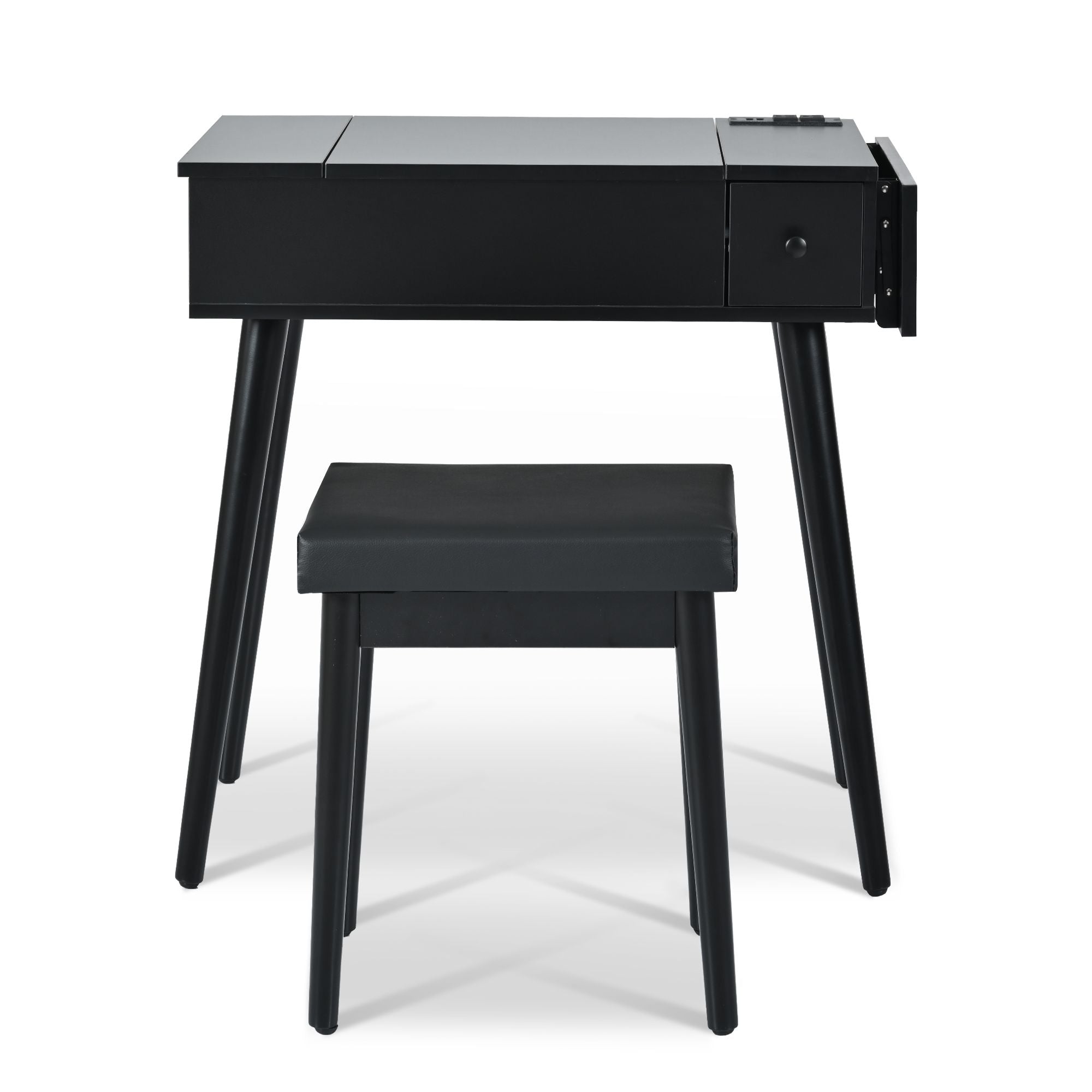 27.9" Black Makeup Vanity Desk with Flip Top Mirror and LED Light, Dressing Table with Charging Station, 2 Drawers and Fold-up Panel, Vanity Set with Cushioned Stool for Bedroom