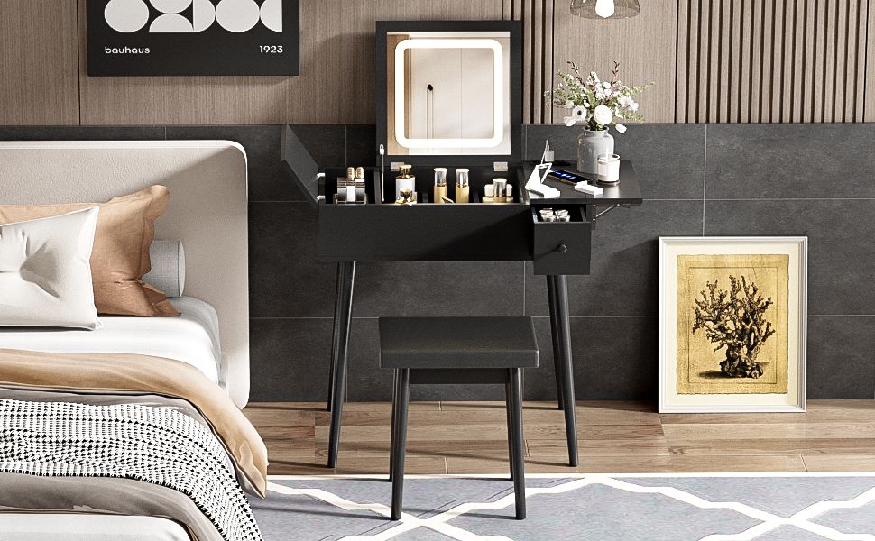 27.9" Black Makeup Vanity Desk with Flip Top Mirror and LED Light, Dressing Table with Charging Station, 2 Drawers and Fold-up Panel, Vanity Set with Cushioned Stool for Bedroom